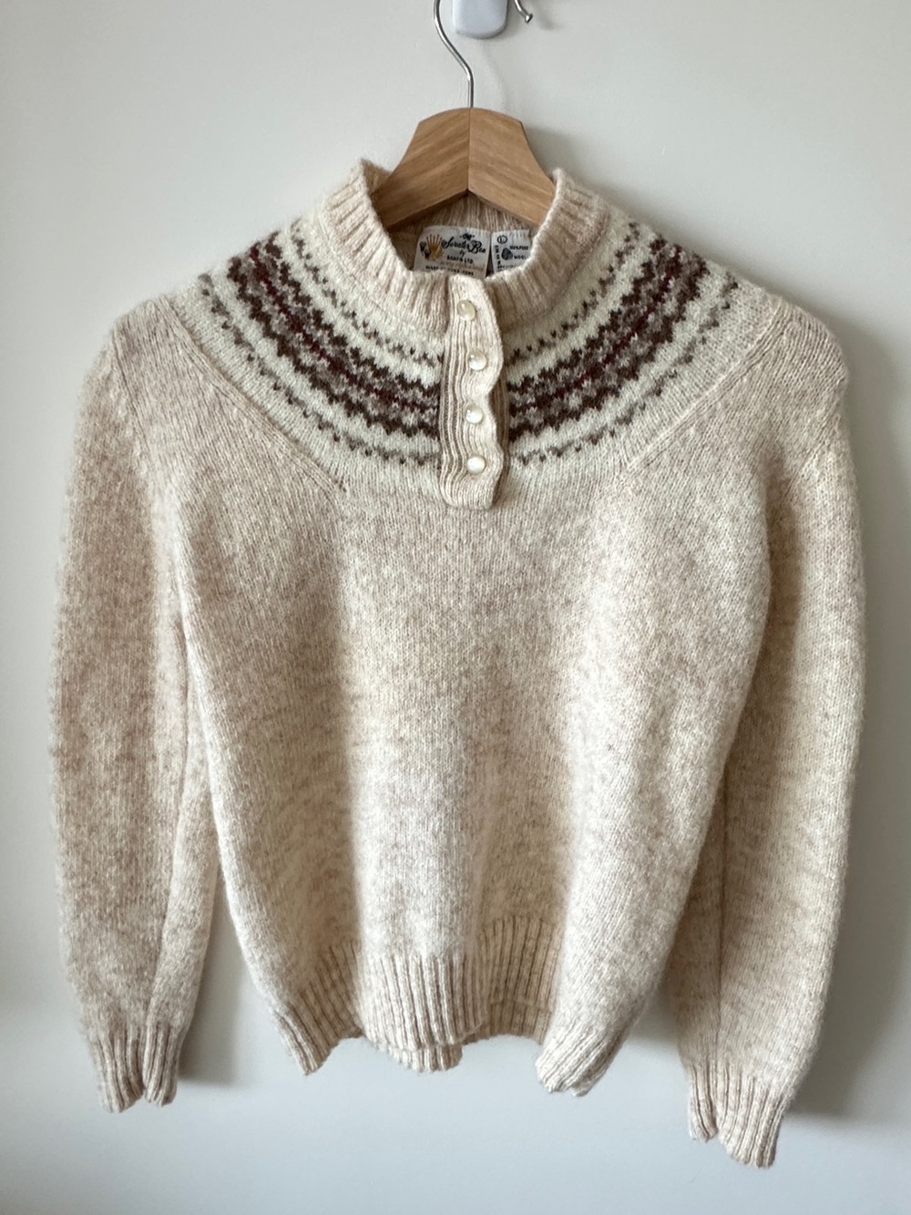 100% Pure Wool - Cream Fair Isle Yoke Button-Front Turtleneck Sweater